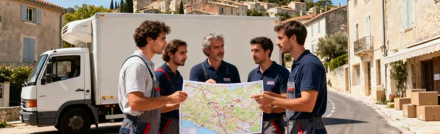 Déménageurs planifiant l'acheminement d'un camion adapté aux routes de Manosque.
