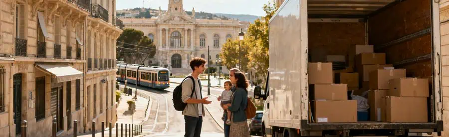 Marseille 5e Arrondissement Demenagement Scène de déménagement dans le 5e arrondissement de Marseille, avec personnes, camion et bâtiments typiques.