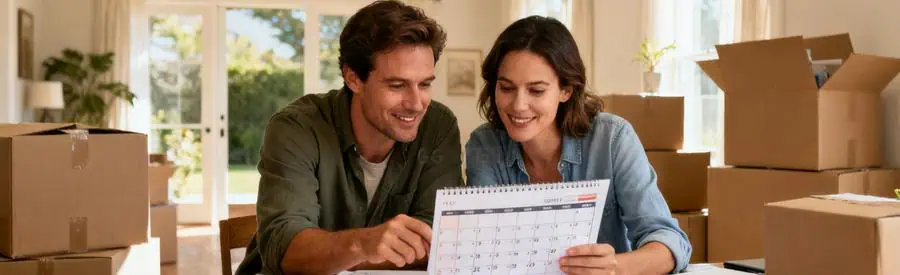 Couple examinant un calendrier et des documents pour choisir la meilleure période de déménagement dans le Maine-et-Loire.