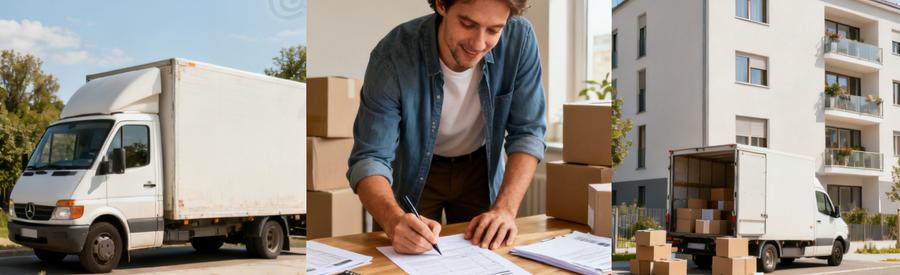 Personne remplissant un formulaire pour demander des offres de déménagement à Vienne, documents étalés sur la table.