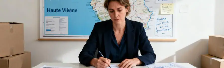 Personne remplissant un formulaire pour le déménagement en Haute-Vienne avec des documents sur une table.