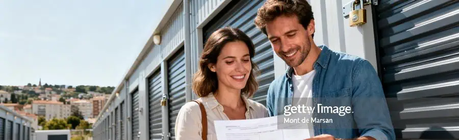 Mont De Marsan Garde Meuble Couple devant un garde-meuble sécurisé à Mont-de-Marsan, discutant de leurs options de stockage.