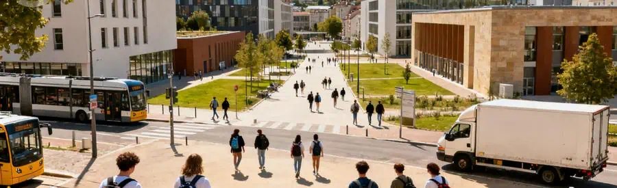 Vue de Metz avec étudiants et camion de déménagement, illustrant le dynamisme des déménagements en Moselle.