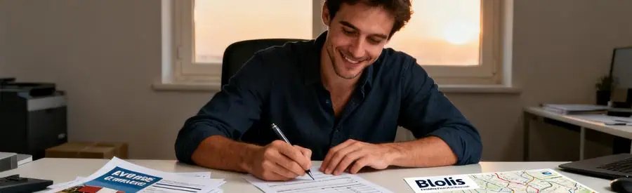 Obtenir Offres Demenagement Blois 3 Etapes Homme remplissant un formulaire pour obtenir des offres de déménagement à Blois, documents sur la table.