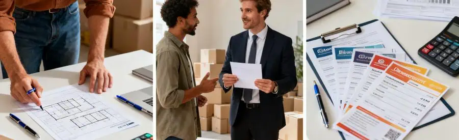 Personnages examinant des documents pour comparer les offres de déménagement à Lorient.