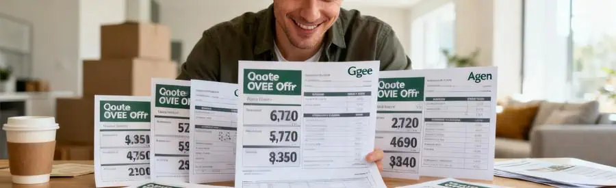 Offres Demenagement Agen Comparaison Personne examinant plusieurs offres de déménagement à Agen sur une table, ambiance de concentration et satisfaction.