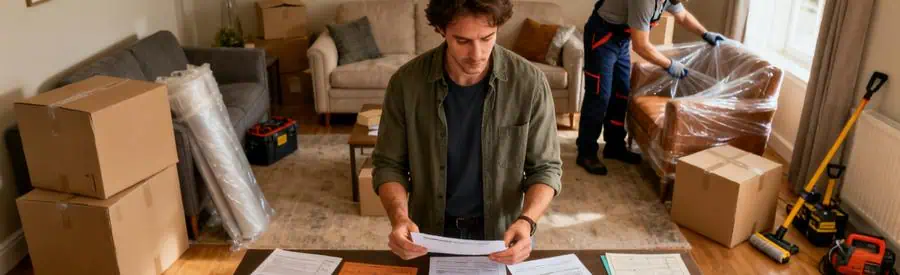 Personne examinant des formules de déménagement dans un salon, un déménageur emballe des meubles.