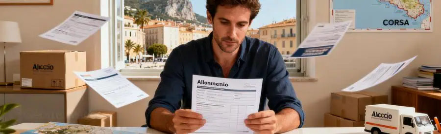 Homme comparant plusieurs propositions de déménagement à Ajaccio dans un espace de travail.