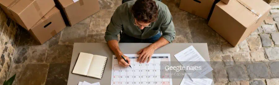 Personne planifiant son déménagement à Carcassonne, entourée de cartons et de documents, dans une ambiance sereine.
