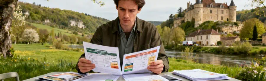 Personne comparant plusieurs offres de déménagement en Dordogne, avec paysages typiques en arrière-plan.