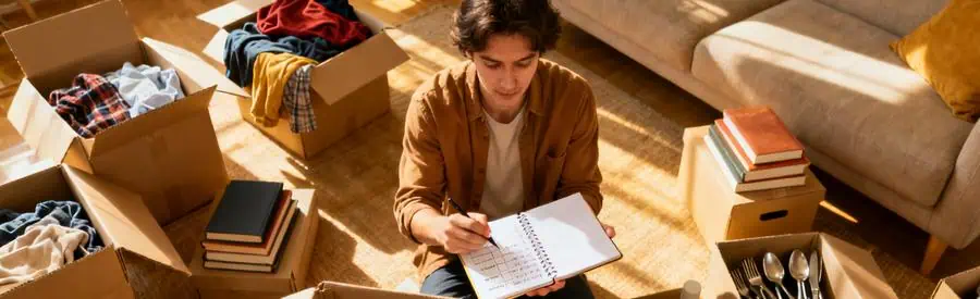 Personne triant ses affaires avant un déménagement en Eure-et-Loir, avec cartons ouverts et carnet de notes.