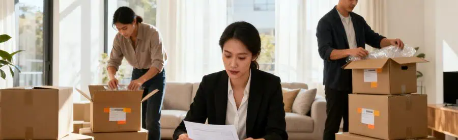 Scène d'une organisation de déménagement avec des personnes préparant des cartons dans un salon lumineux.
