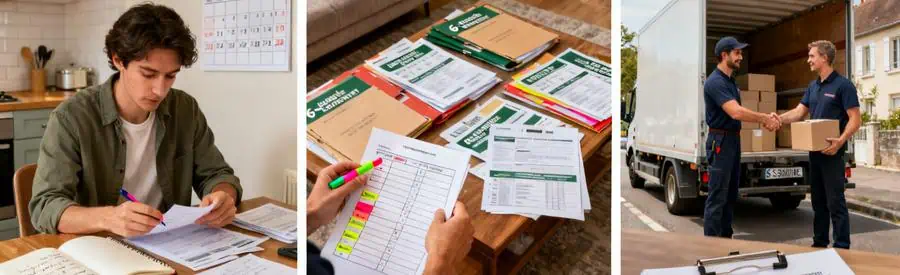 Triptyque organisation déménagement Sarthe : planification calendrier, comparaison offres, confirmation réservation