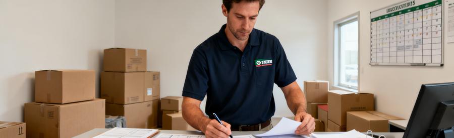 Organisation Mise Relation Demenageur Sarthe 72 Déménageur professionnel organisant dossiers clients et formulaires pour mise en relation déménagement Sarthe