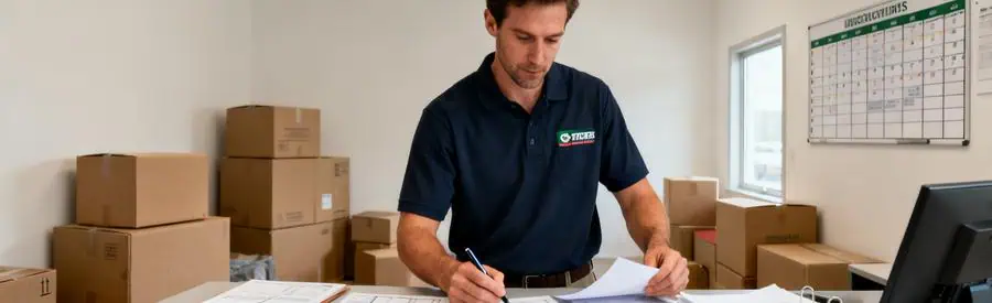 Déménageur professionnel organisant dossiers clients et formulaires pour mise en relation déménagement Sarthe