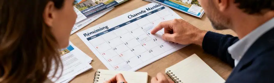 Deux personnes planifiant leur déménagement en Charente-Maritime, examinant des documents et un calendrier.