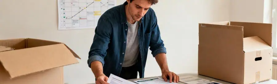 Personne examinant des offres de déménagement en Corrèze sur une table, mettant en avant la préparation.