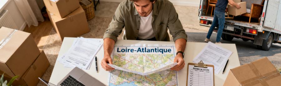 Preparation Demenagement Loire Atlantique Personne préparant un déménagement dans la Loire-Atlantique avec une carte, documents et cartons.
