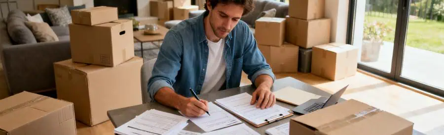 Personne organisant ses documents de déménagement avec des cartons en arrière-plan, ambiance de préparation dans un salon.