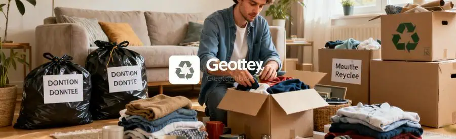 Personne triant des affaires avant un déménagement en Meurthe-et-Moselle, avec sacs pour don et recyclage.