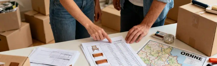 Preparation Demenagement Orne Etapes Essentielles Couple préparant leur déménagement en examinant un inventaire dans l'Orne, ambiance sereine.