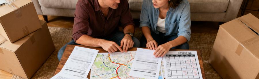 Couple organisant leur déménagement avec documents et cartons dans un salon.