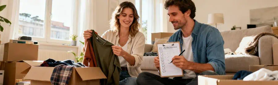 Couple préparant son déménagement à Royan, triant des affaires dans leur salon avec des cartons.