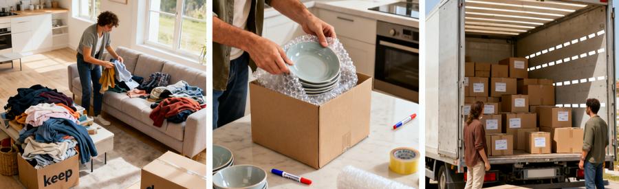 Triptyque préparation déménagement : tri objets, emballage vaisselle, chargement cartons organisés en Vendée