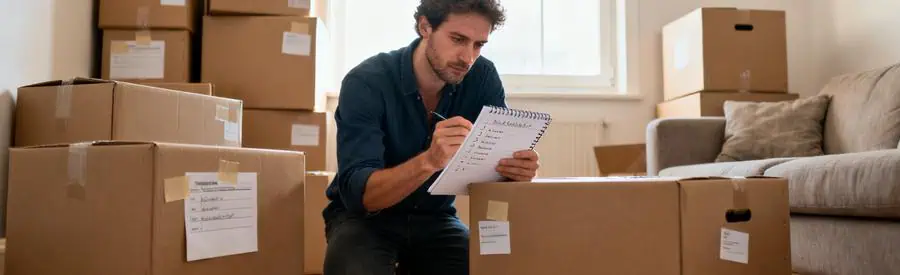 Personne examinant une liste de tâches pour organiser son déménagement à Saint-Brieuc, entourée de cartons étiquetés.