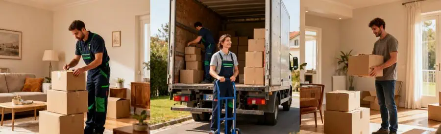 Prestations Demenagement Pyrenees Atlantiques Déménageur préparant des cartons, chargement dans un camion et déballage dans une nouvelle maison.