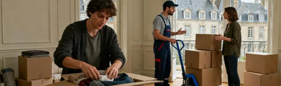 Personne emballant des cartons dans un appartement à Saint-Malo avec un professionnel en charge des biens.