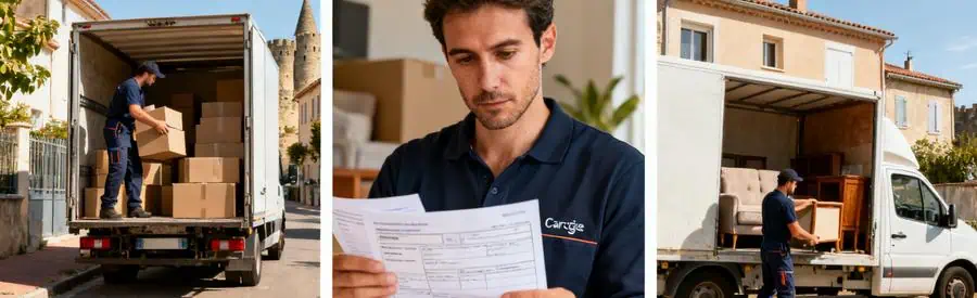 Trois scènes illustrant les prestations des déménageurs à Carcassonne : chargement, consultation, déchargement.
