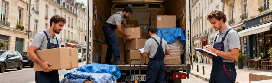 Déménageurs professionnels chargeant des cartons dans un camion à Angers, représentant les services dans le Maine-et-Loire.