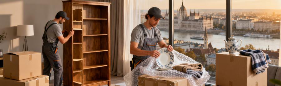 Déménageurs professionnels emballant des meubles et objets fragiles dans un appartement à Vienne.