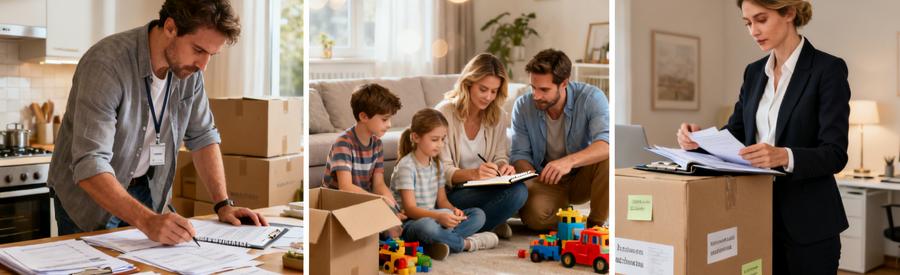 Trois situations familiales différentes organisant un déménagement avec documents administratifs en Mayenne