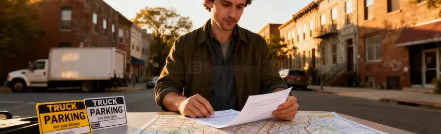 Personne examinant une carte en planifiant un déménagement à Cherbourg-en-Cotentin, avec immeubles anciens en arrière-plan.