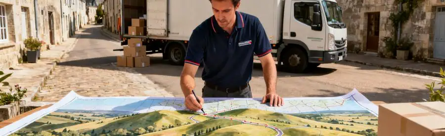 Déménageur planifiant un itinéraire sur une carte, contexte rural avec camion en arrière-plan.