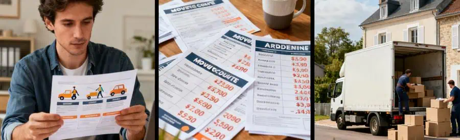 Tarifs Deménagement Ardennes Comparaison Différents aspects des tarifs de déménagement dans les Ardennes, avec options et camion en action.