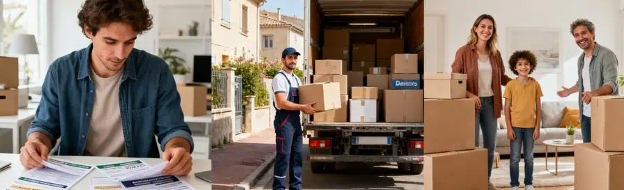 Comparaison de tarifs de déménagement à Béziers avec offres sur table, chargement de cartons et famille dans leur nouveau salon.