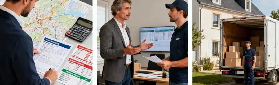 Professionnel de déménagement comparant des tarifs avec un client et un camion prêt à charger dans le Cher.