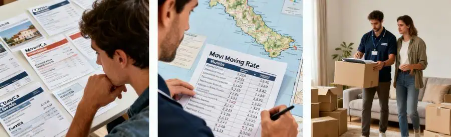 Personnes comparant des devis de déménagement et discutant des tarifs pour un déménagement vers la Corse.
