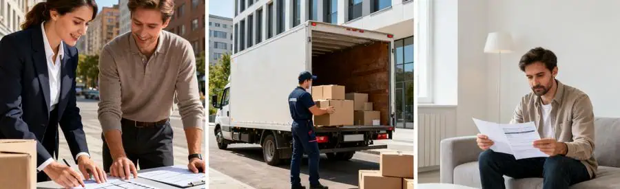 Tarifs Deménagement Epinay Sur Seine Trois scènes illustrant les tarifs pour un déménagement à Épinay-sur-Seine, mettant en avant la comparaison d'offres.