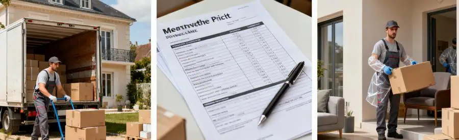 Triptyque illustrant les tarifs de déménagement à Meurthe-et-Moselle avec chargement, consultation de prix et déchargement.