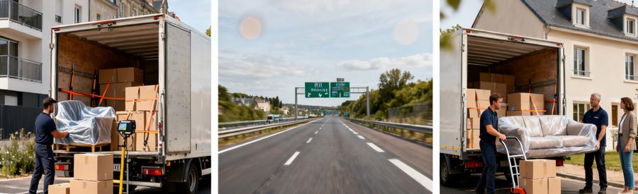 Triptyque montrant chargement à Laval, transport sur autoroute et déchargement pour trajets déménagement Mayenne
