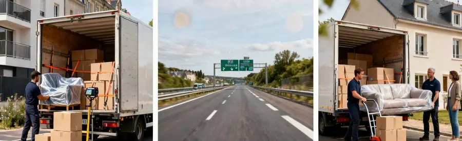 Triptyque montrant chargement à Laval, transport sur autoroute et déchargement pour trajets déménagement Mayenne