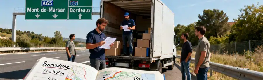 Trajets Deménagement Mont De Marsan Trois scènes illustrant les trajets de déménagement depuis Mont-de-Marsan vers Bordeaux, Toulouse et Pau.