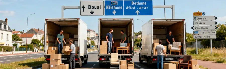 Illustration des trajets fréquents pour déménagements locaux depuis Arras vers Douai et Béthune.