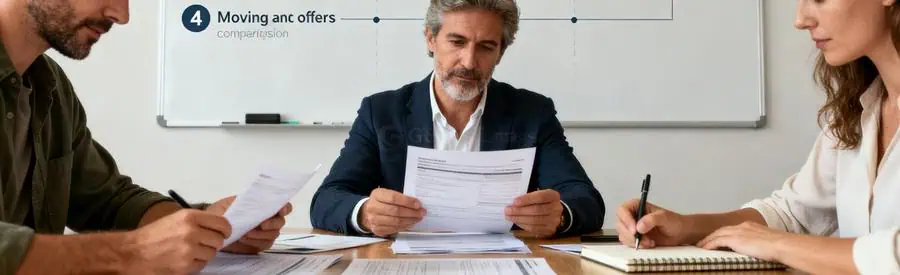 Trois personnes comparant des offres de déménagement pour un déménagement à Ajaccio, ambiance collaborative.