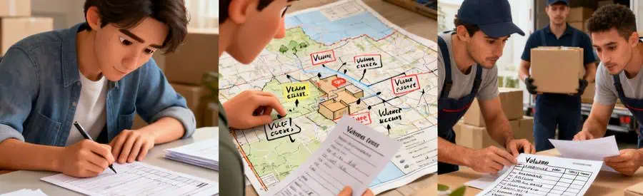 Trois étapes pour obtenir des offres de déménagement, avec un formulaire, une carte et des déménageurs au travail.