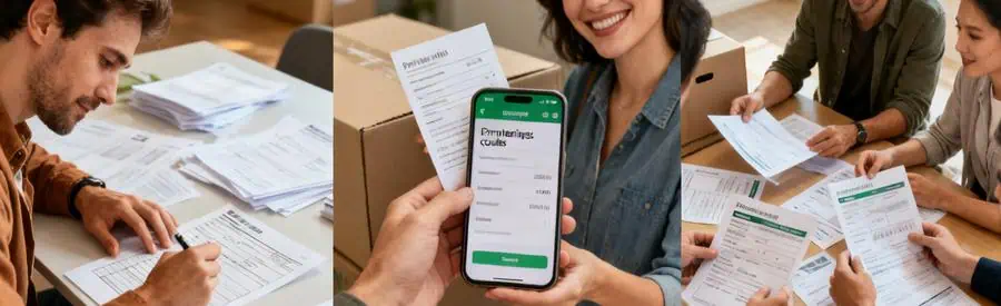 Trois scènes illustrant les étapes pour obtenir et comparer des offres de déménagement dans la Meuse.